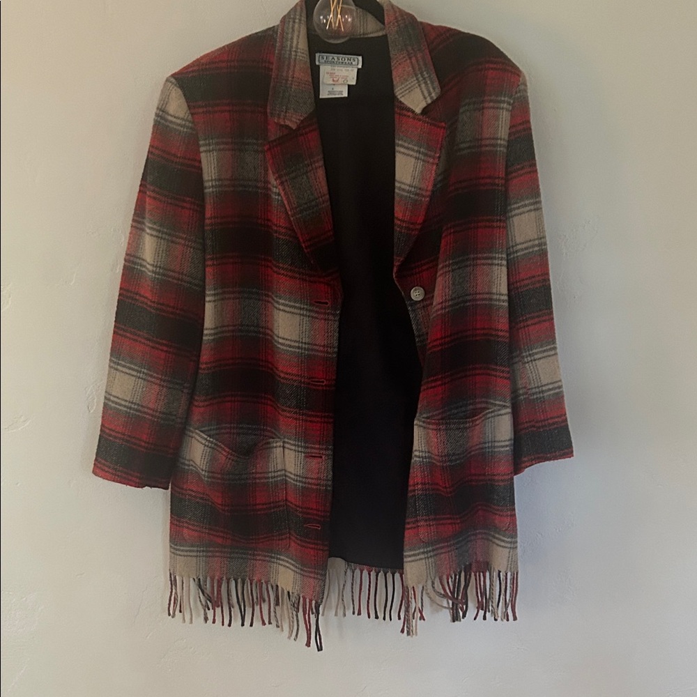 Vintage Plaid Fringe Blazer Jacket - Red & Black